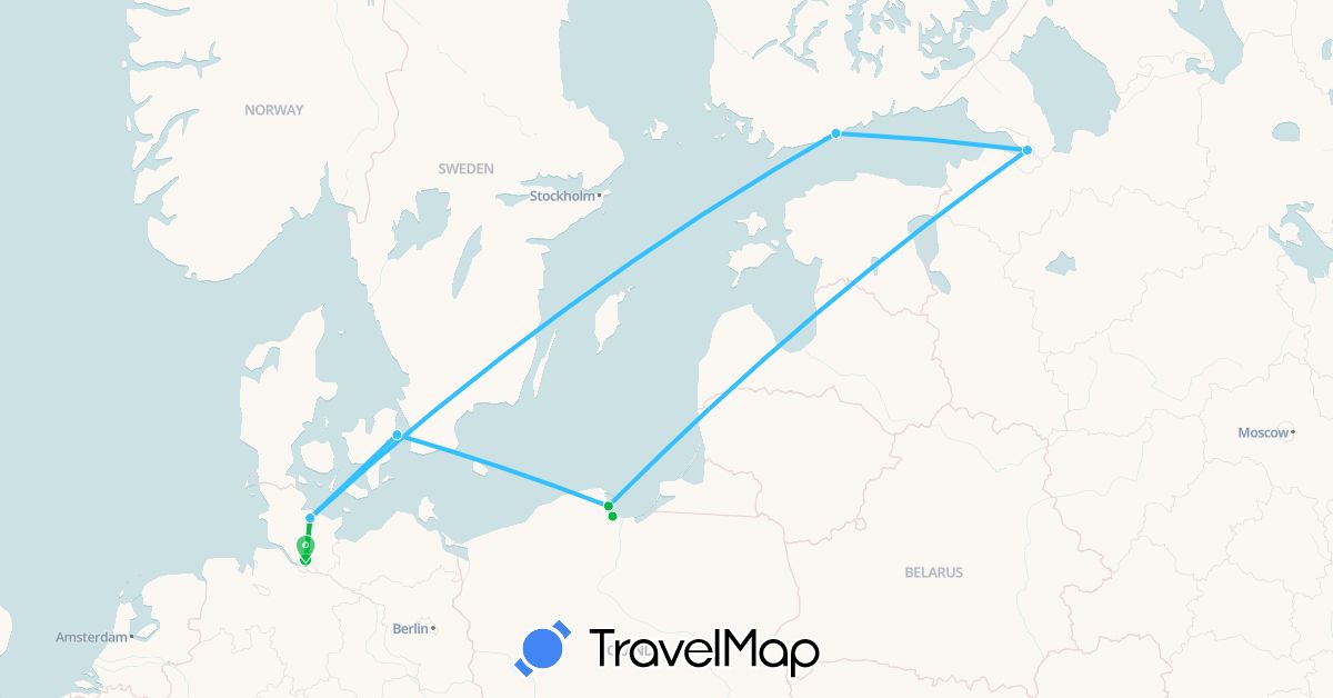 TravelMap itinerary: driving, bus, boat in Germany, Denmark, Finland, Poland, Russia (Europe)